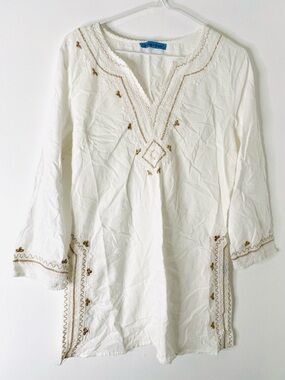 Solitaire Swim White Embroidered Cover-Up Tunic V-Neck Wide Sleeve Beach Kaftan